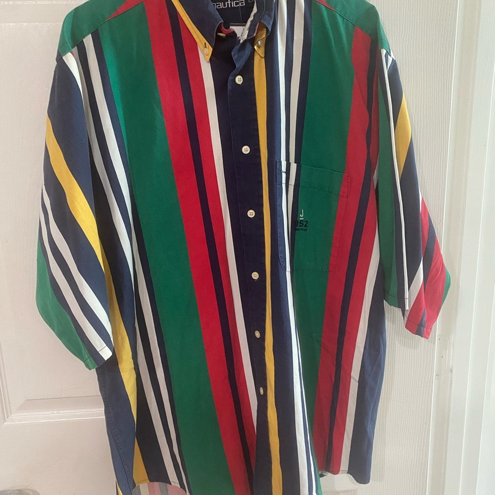Vintage Nautica 90s Colorblock Stripe Shirt – Size L – Retro Preppy Streetwear